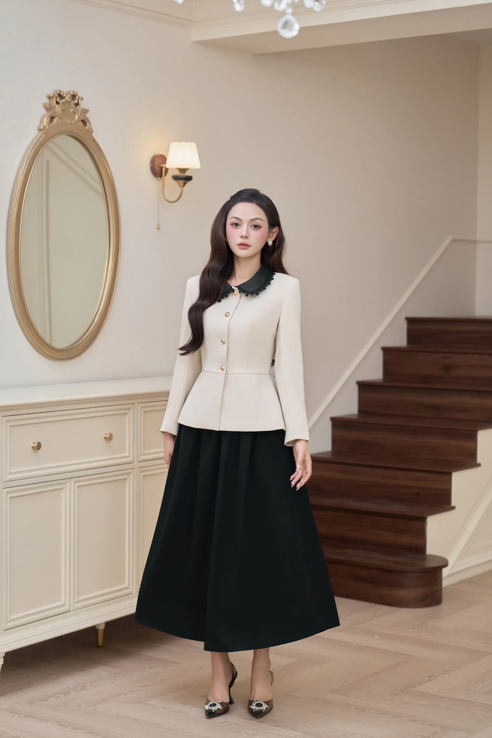 Chân váy tuyết mưa đen nhún ly cạp